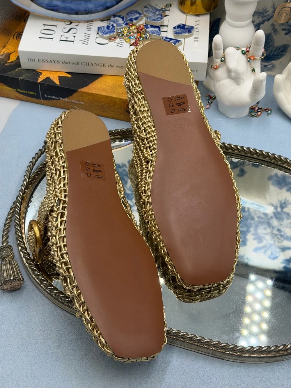 🆕 CULT GAIA 🧿 NWOB Gina Woven Leather Mary Jane Flats, Gold - Sz 37.5 US 7.5